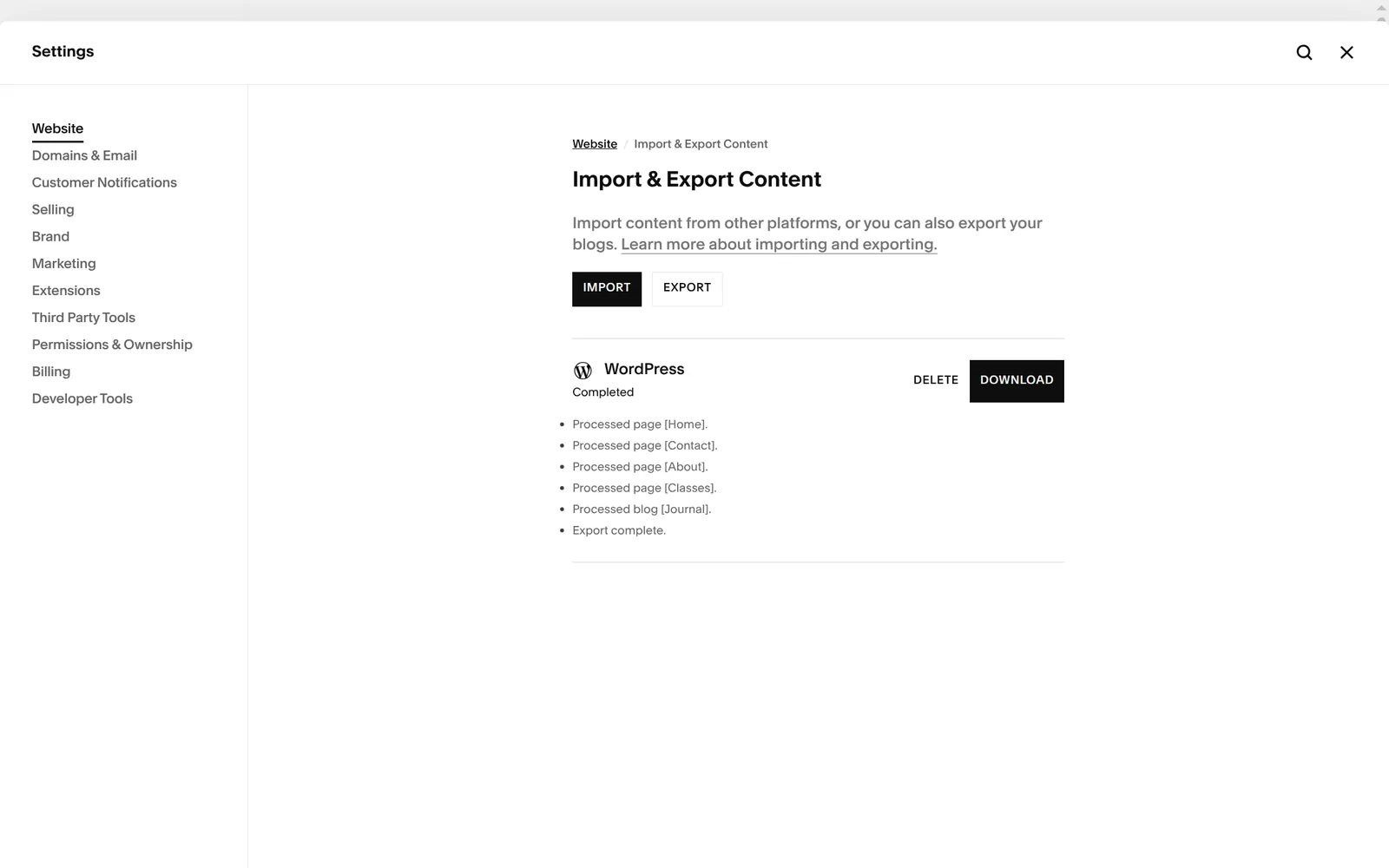 Squarespace export to WordPress marked as complete