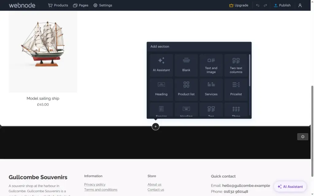 Webnode's list of section types