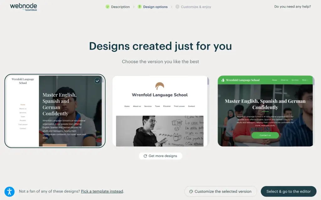 Three designs from Webnode's AI builder