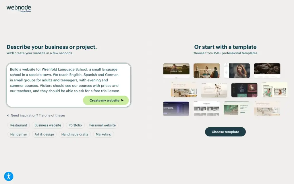 Webnode's AI builder prompt for a language school