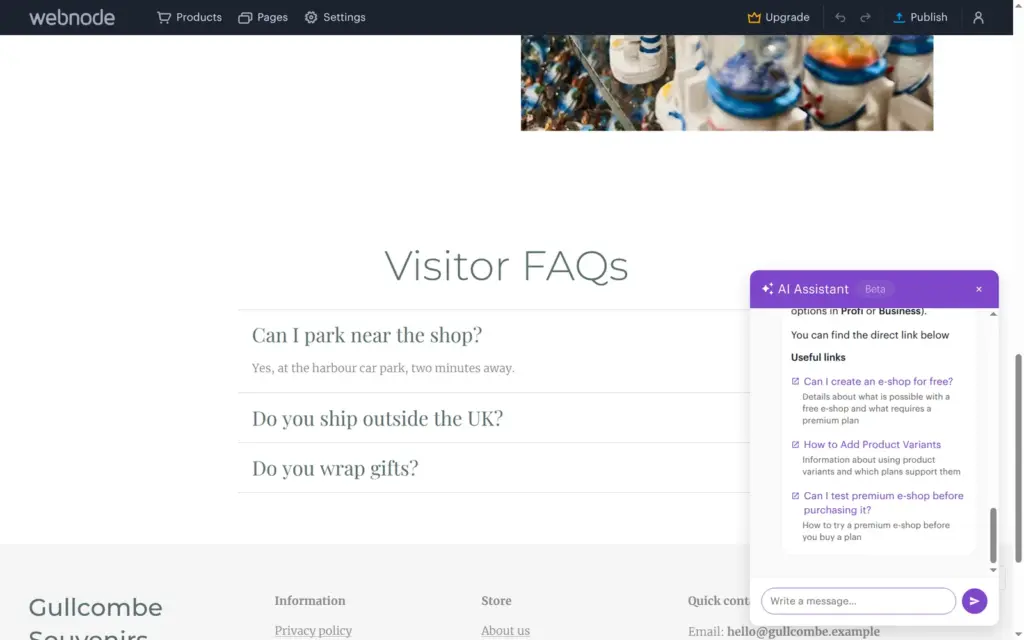 Webnode's AI chat answering a question about selling on the free plan