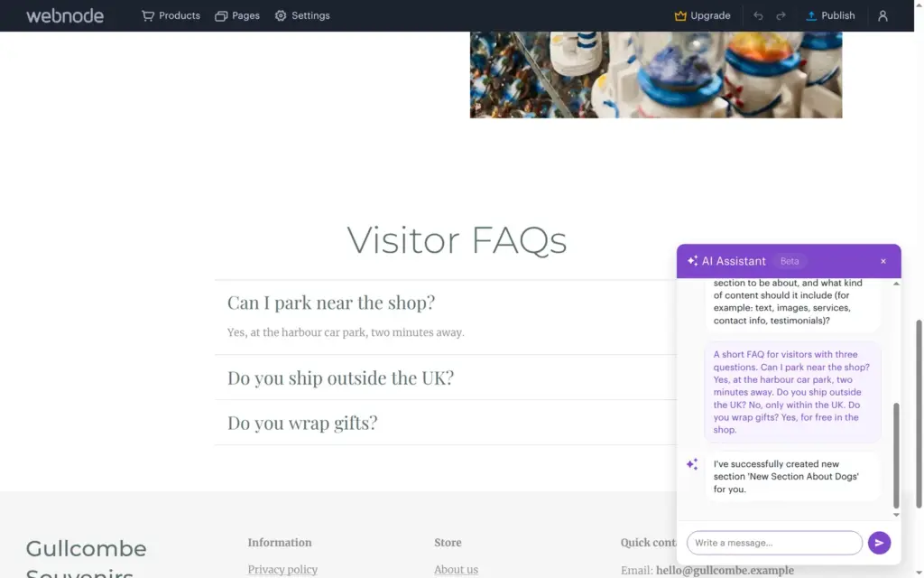 Webnode's AI chat after adding a FAQ section