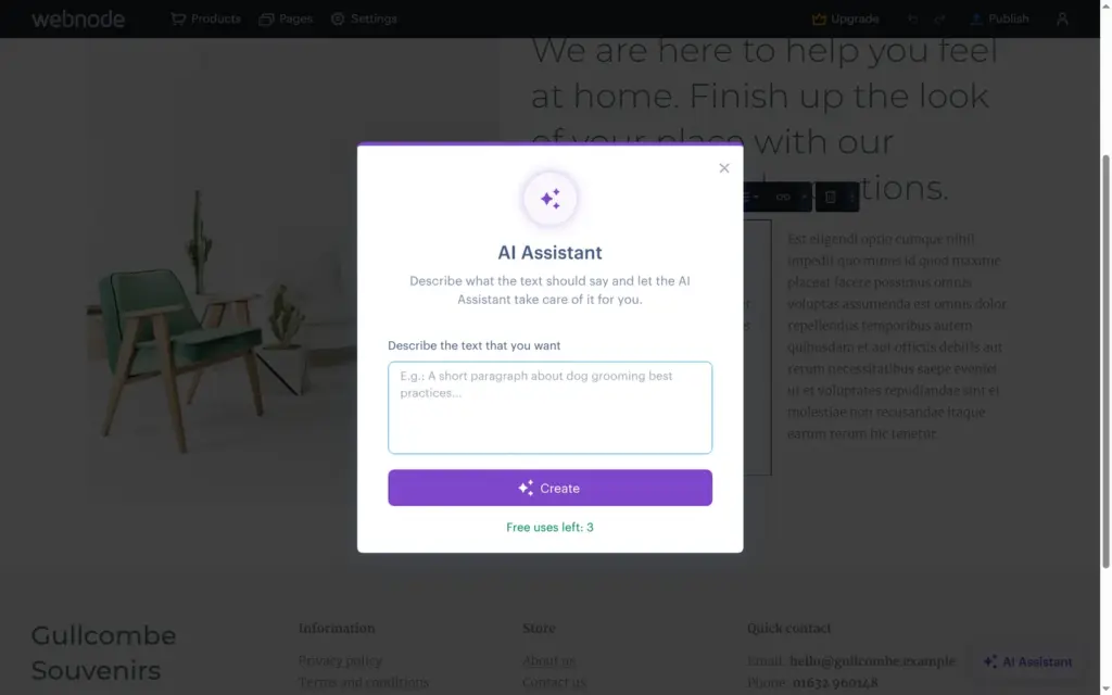 Webnode's AI text dialog showing three free uses