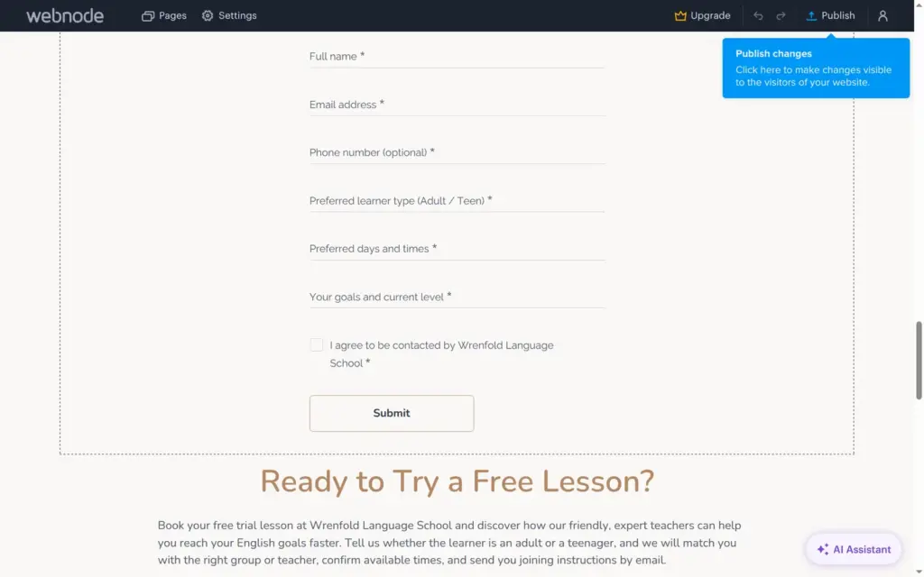 Trial lesson form on the AI-made site