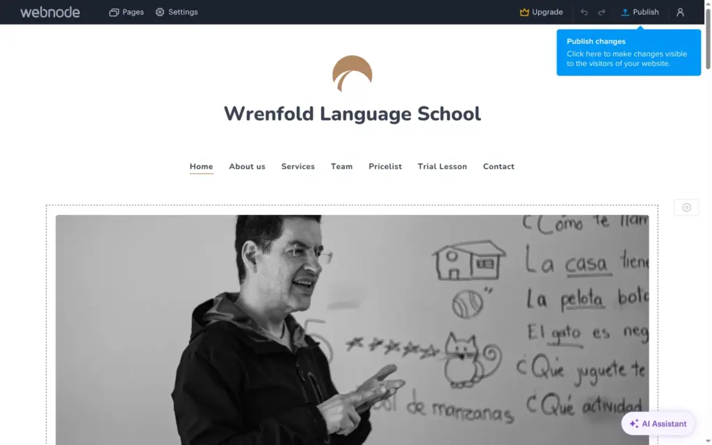 Home page of the language school site made by Webnode's AI