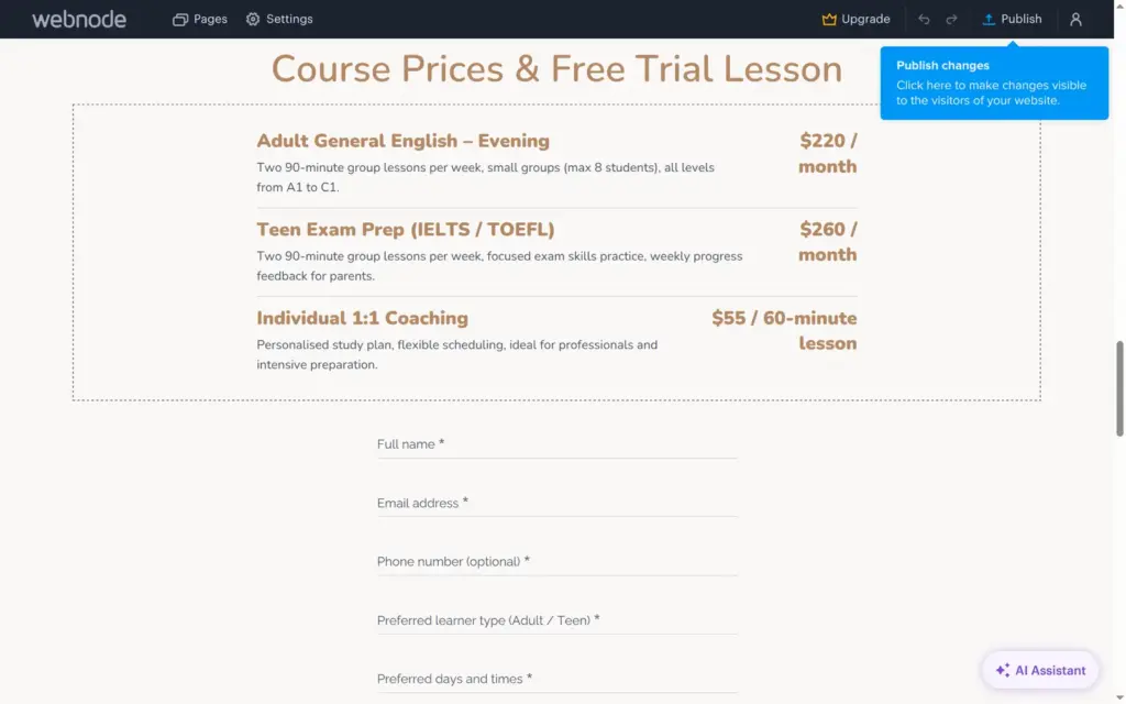 Course prices in dollars on the AI-made site