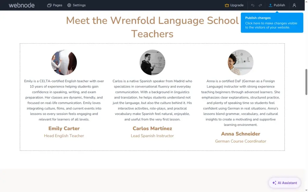 Team section with three made-up teachers