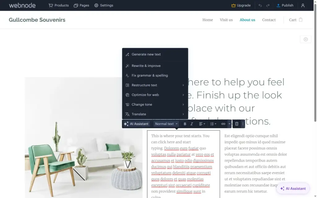 The AI Assistant menu in Webnode's text toolbar