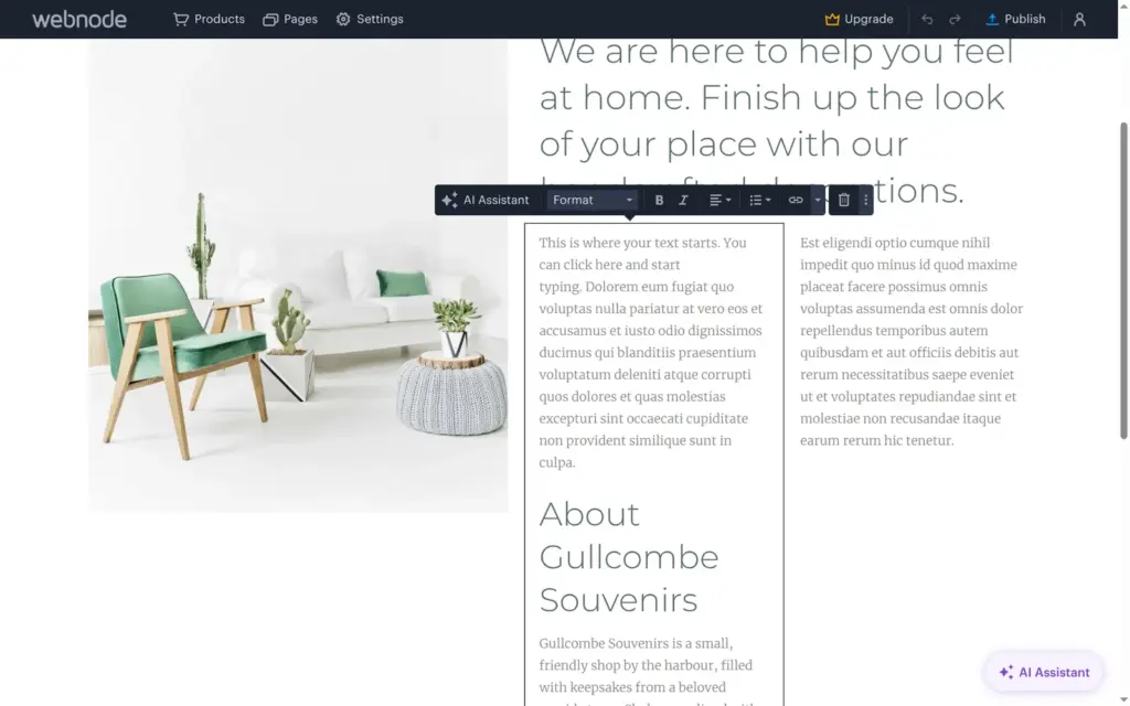 AI text added below the placeholder text in Webnode