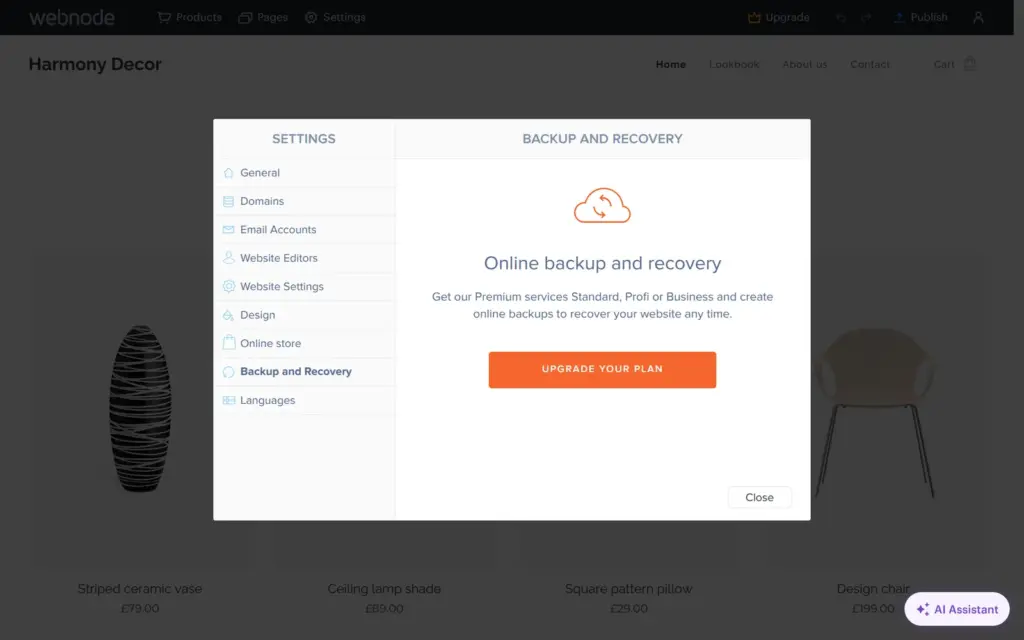 Webnode's backup settings that need a paid plan