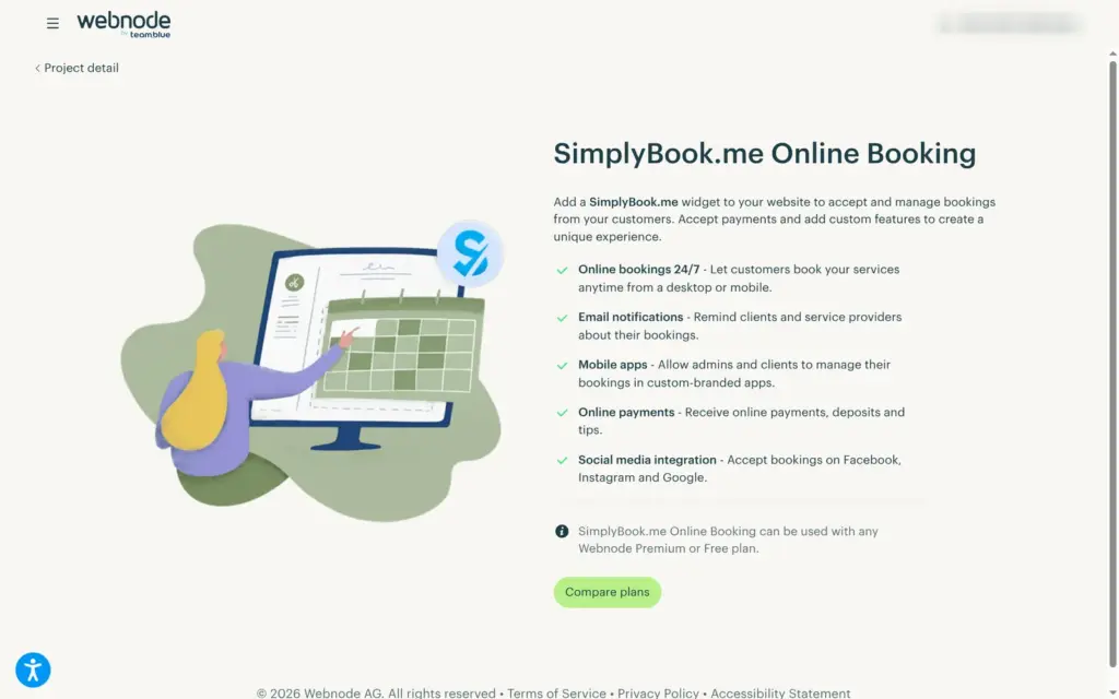 Webnode's SimplyBook.me booking plugin page
