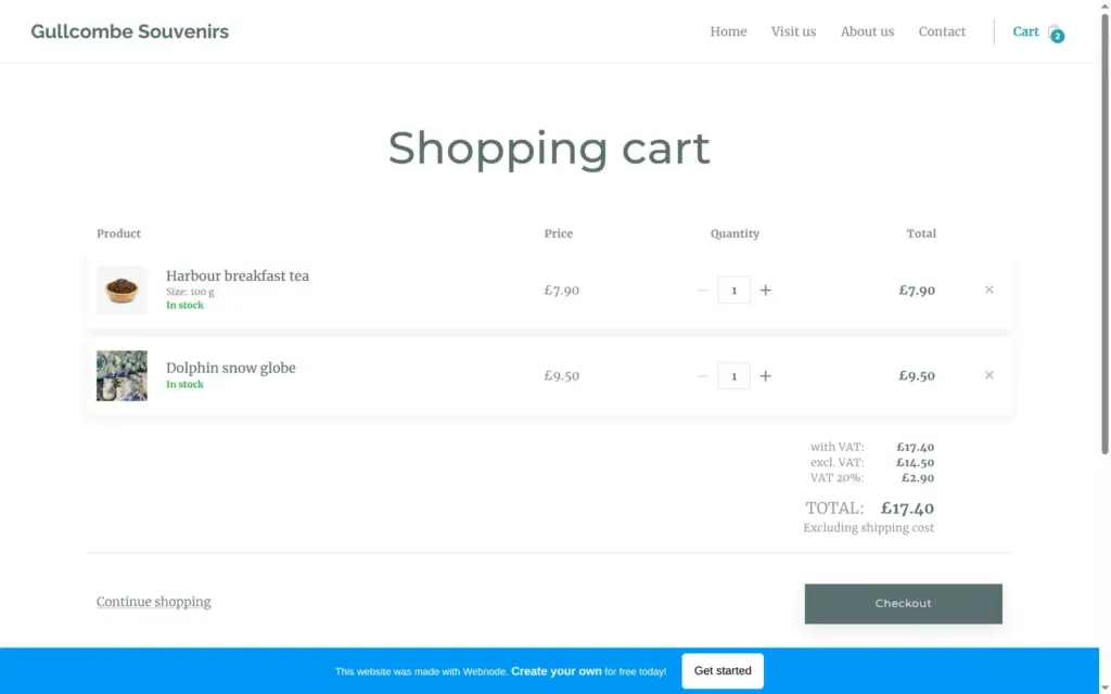The shopping cart of the demo shop with two items