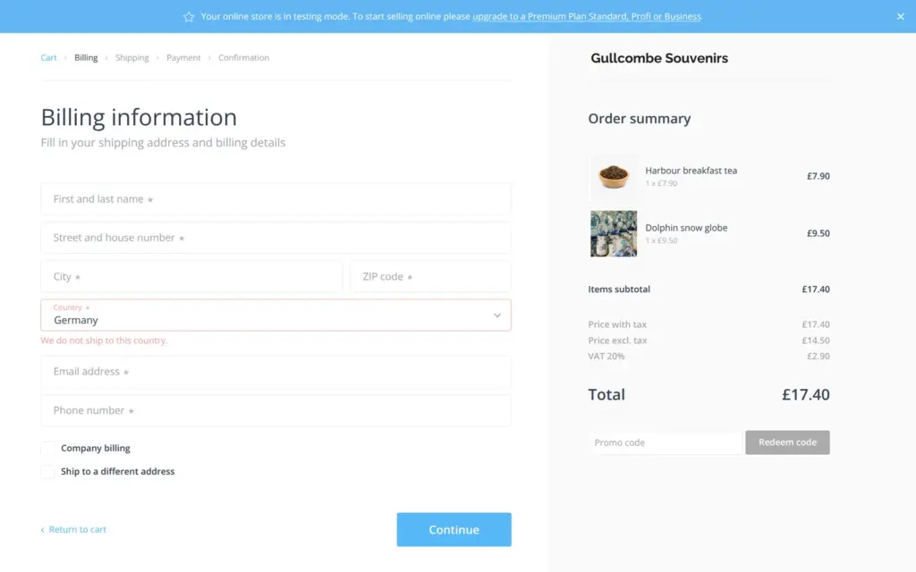 Webnode's checkout with the testing mode banner