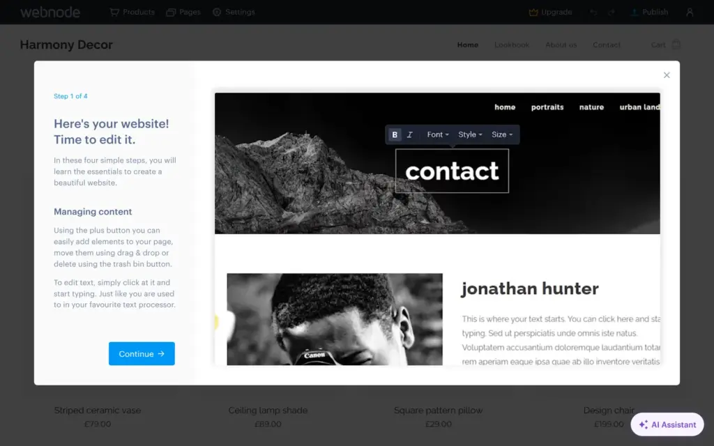 The Webnode editor with the first step of its short tour