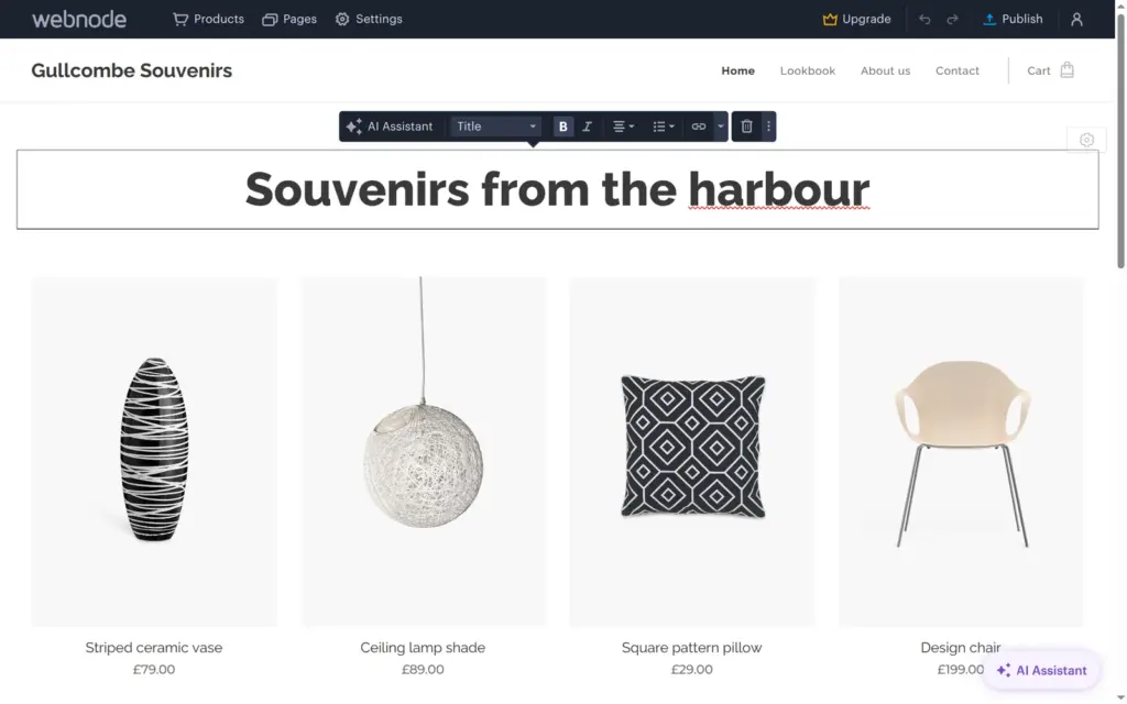 Webnode's text toolbar over the home page heading