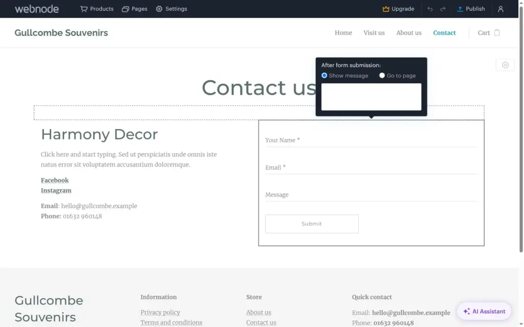Webnode's setting for what happens after a form is sent