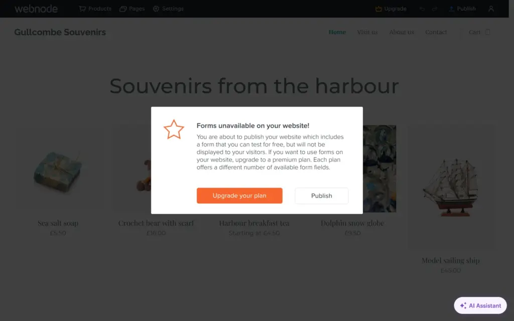 Webnode warning that forms are not shown to visitors on the free plan