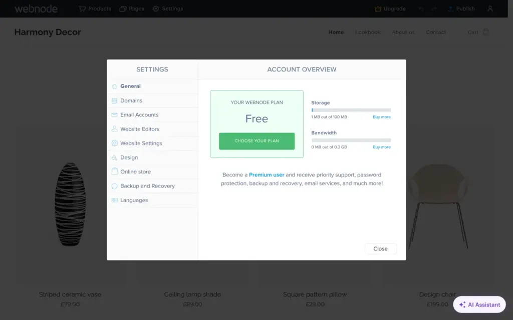 Webnode's account overview with the free plan's storage and data transfer