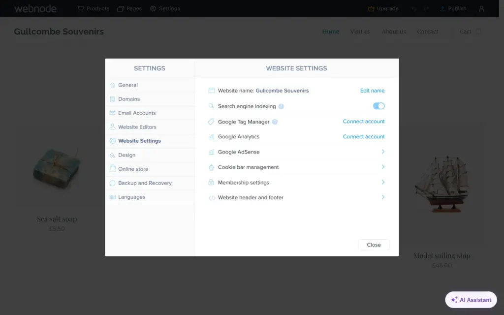 Webnode's search engine indexing switch turned on after publishing