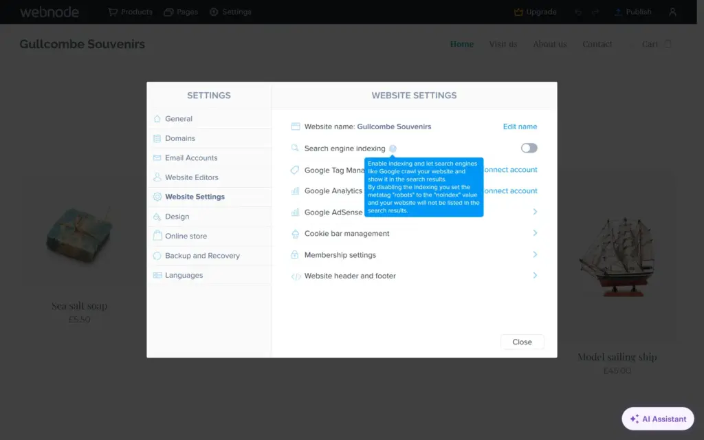 Webnode's search engine indexing switch with its help text