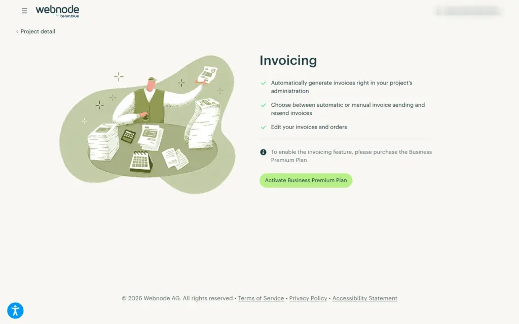 Webnode's invoice settings that need the Business plan