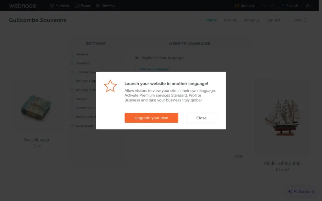 Webnode's note that another language needs a paid plan