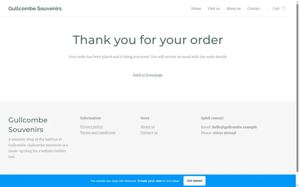 Thank you page after the test order
