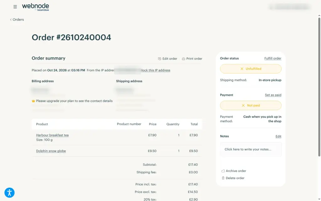 Order details in Webnode with the customer's contact details hidden