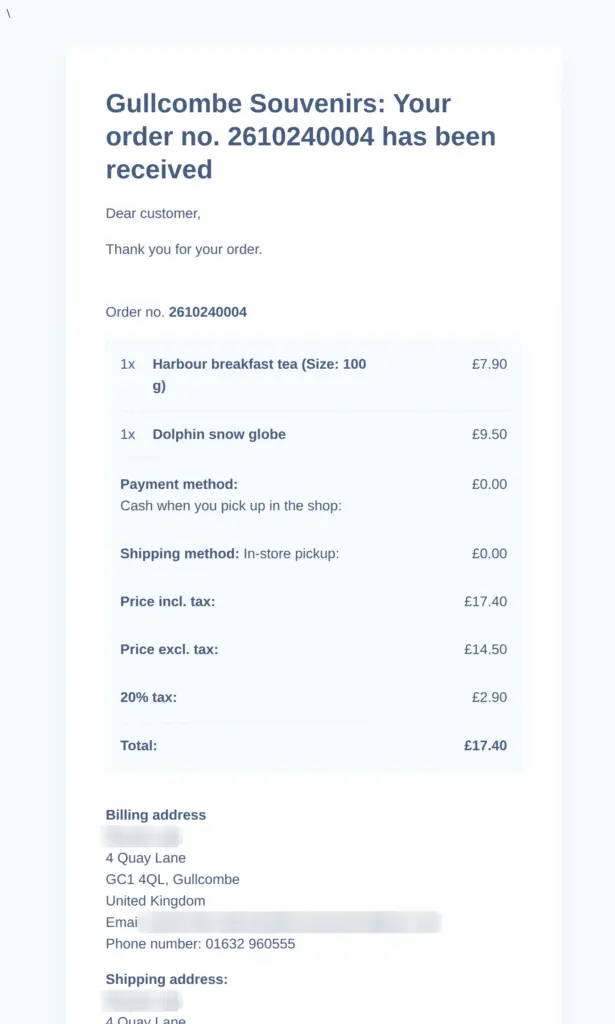 Webnode's order confirmation email, with the customer's name and email blurred
