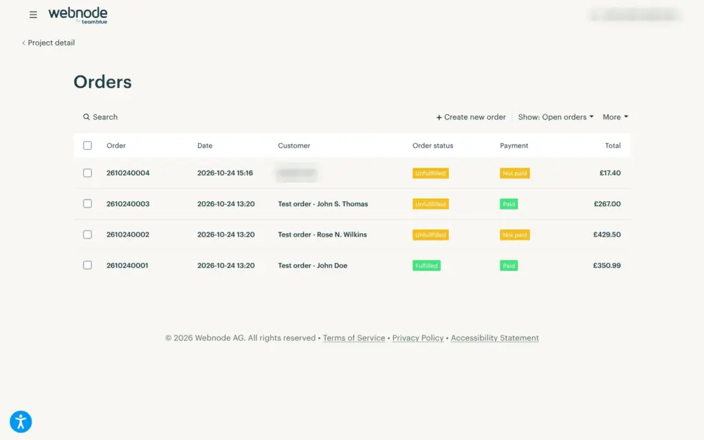 Webnode's order list with the test order and three sample orders