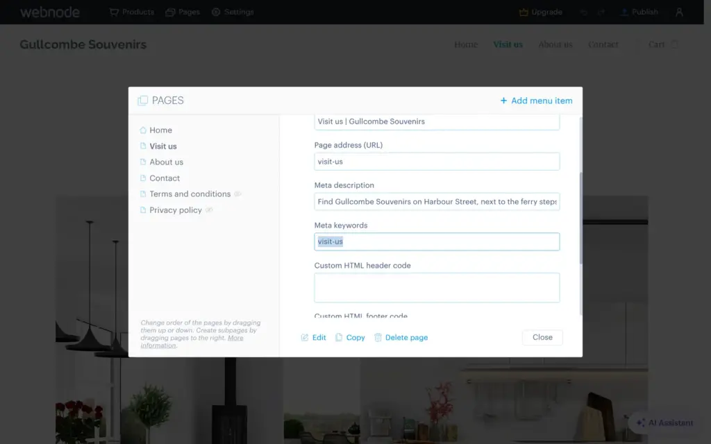 The search settings of a page in Webnode