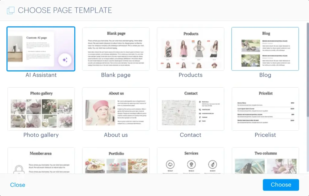 Webnode's page templates for a new page, including Blog and Member area