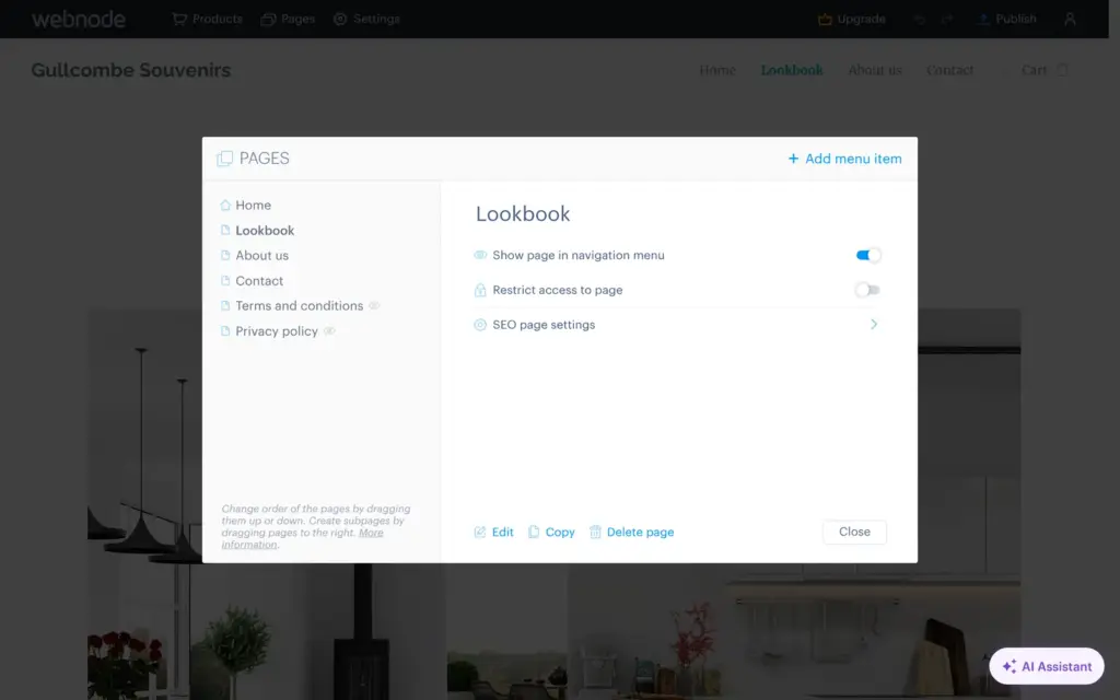 Webnode's Pages panel with the template's pages