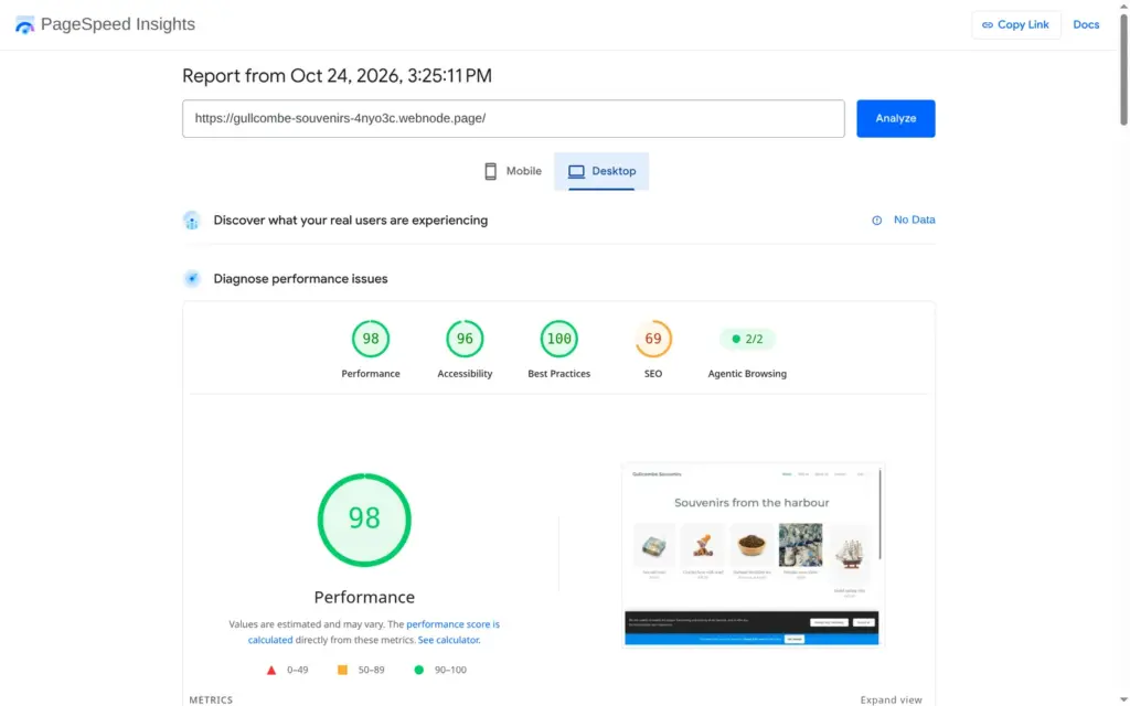 PageSpeed Insights result for the demo home page on desktop