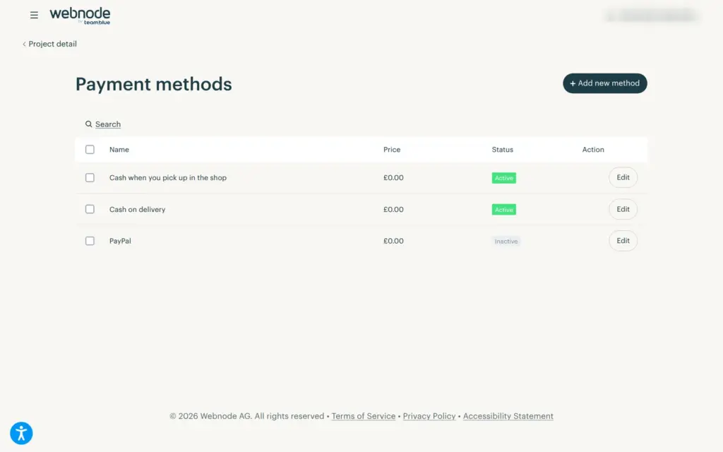 Webnode's payment methods after adding cash payment