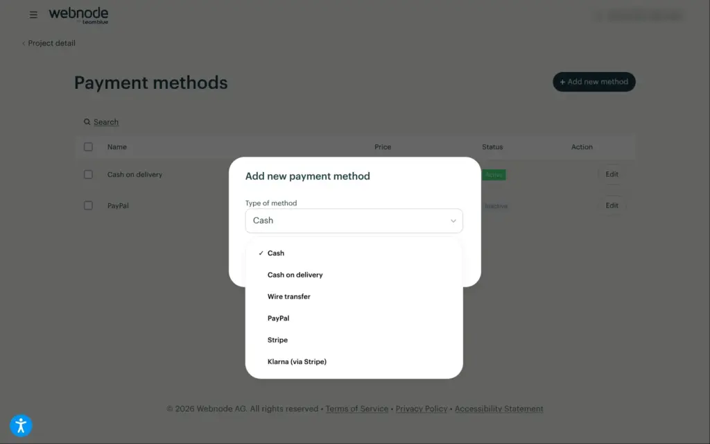 Webnode's list of payment method types