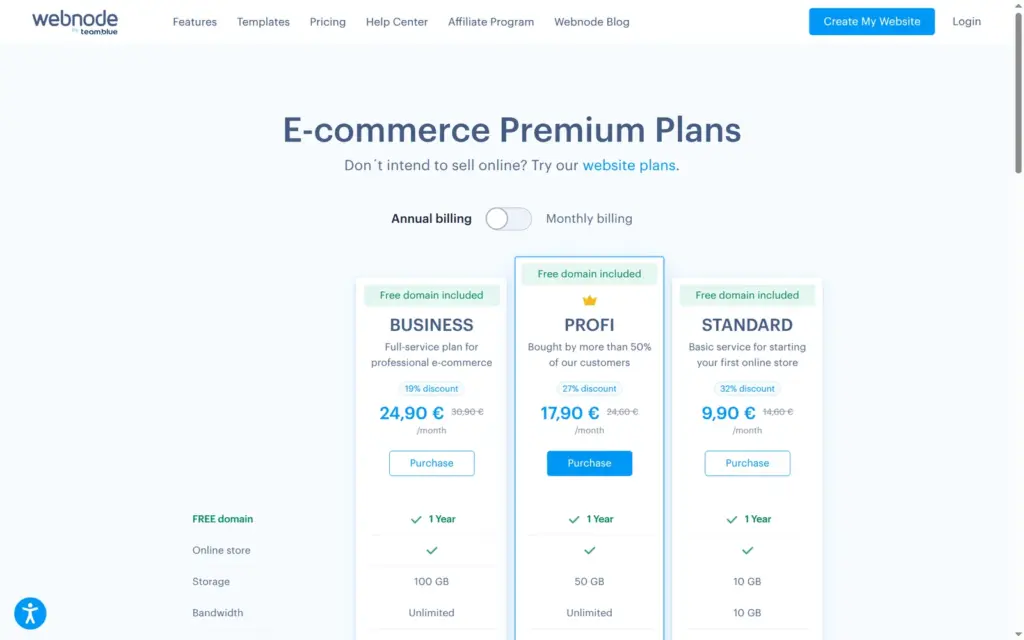 Webnode's e-commerce plans with yearly billing