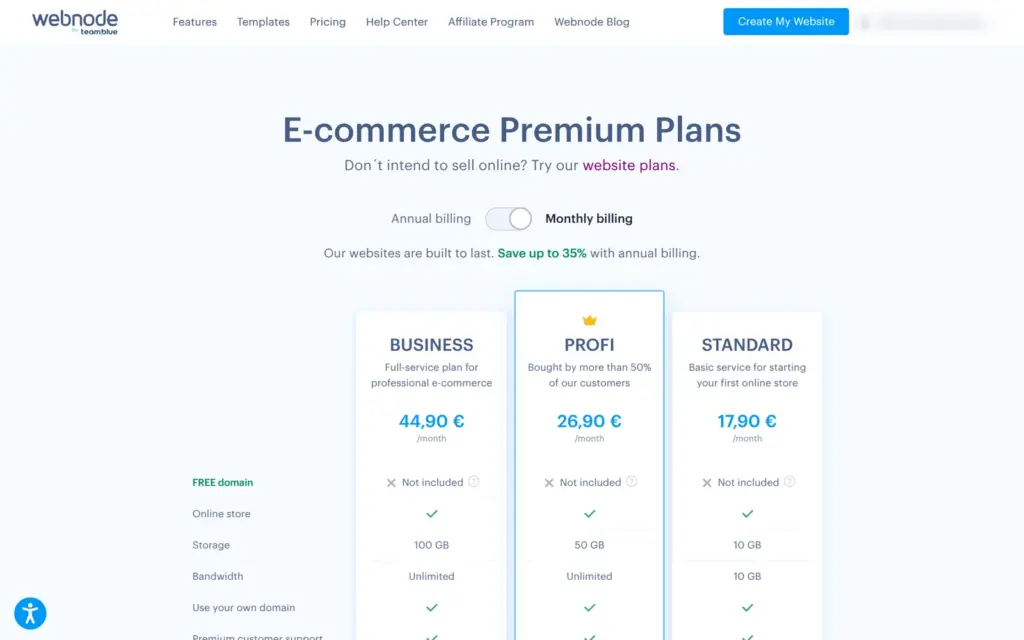 Webnode's e-commerce plans with monthly billing