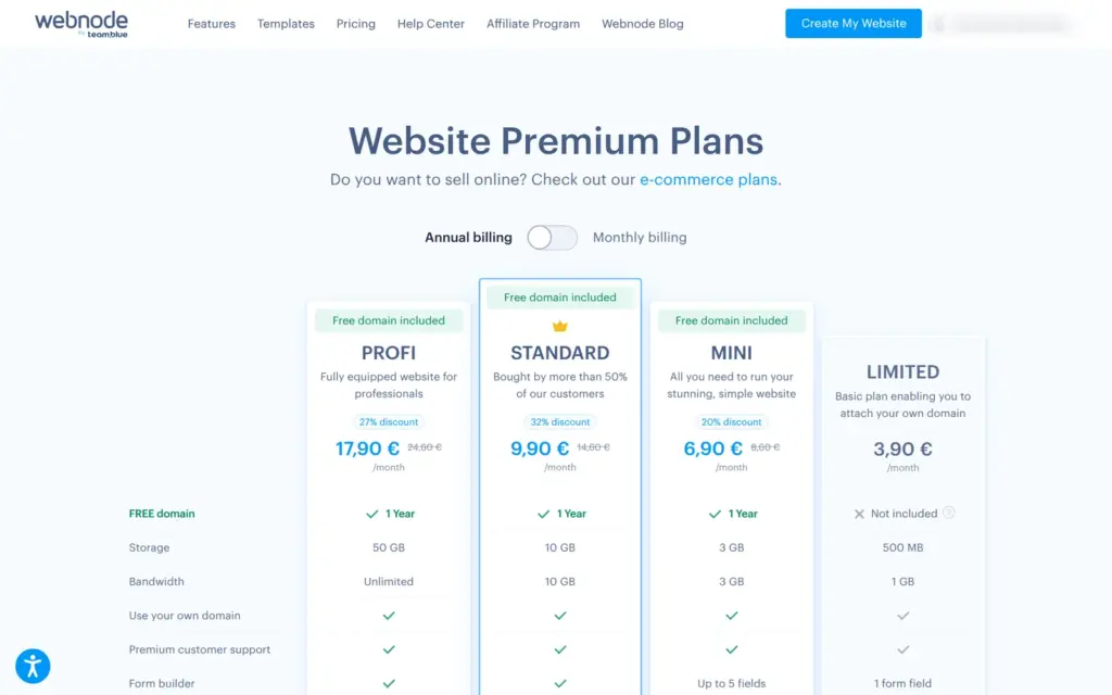 Webnode's website plans with yearly billing