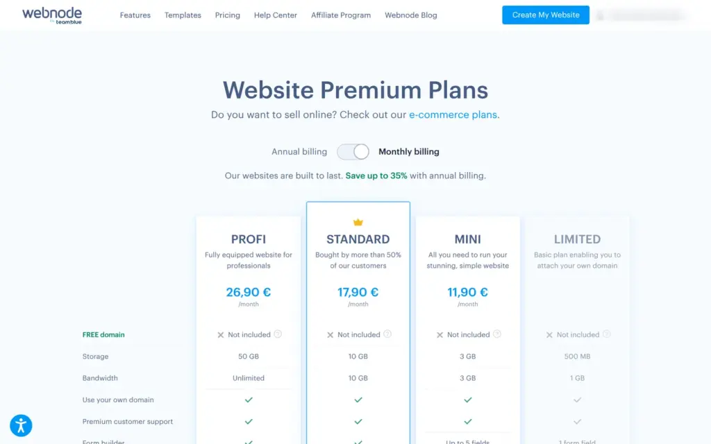 Webnode's website plans with monthly billing