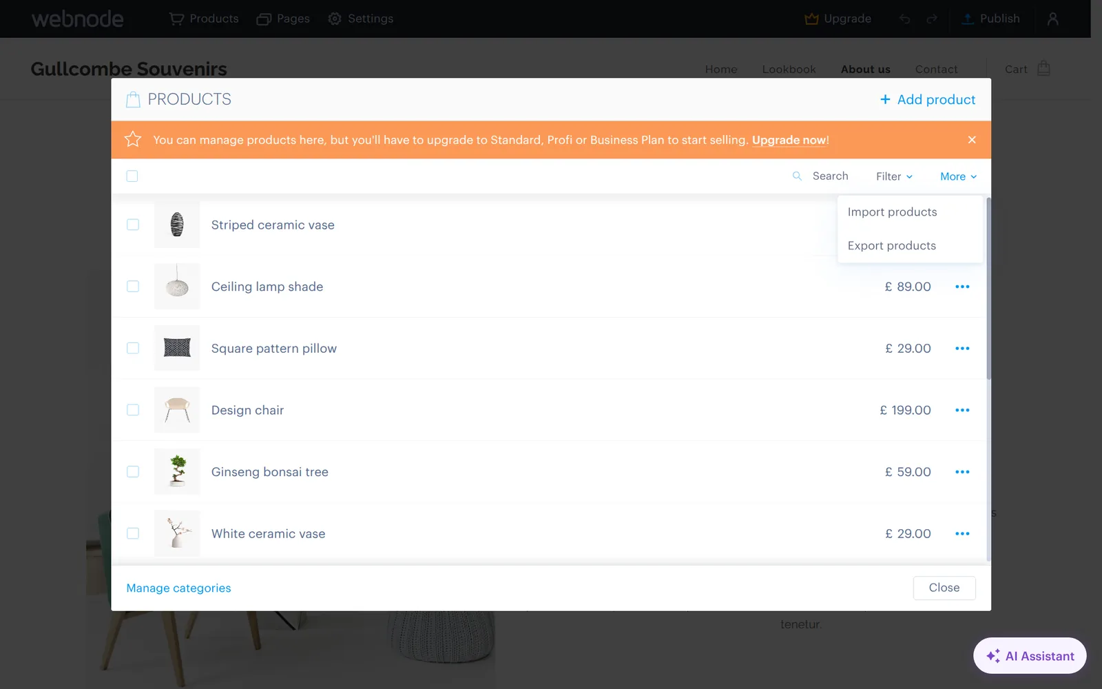 Import and export options in Webnode's Products window