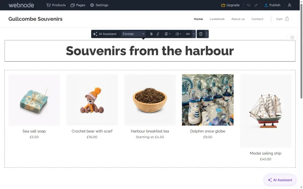 The product list set to five columns in Webnode