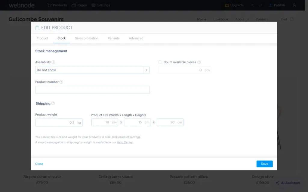 The Stock tab of a product in Webnode