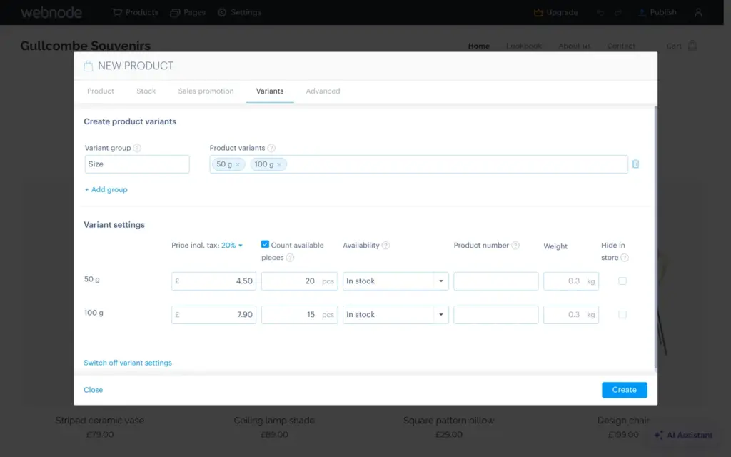 Product variants with their own prices and stock in Webnode