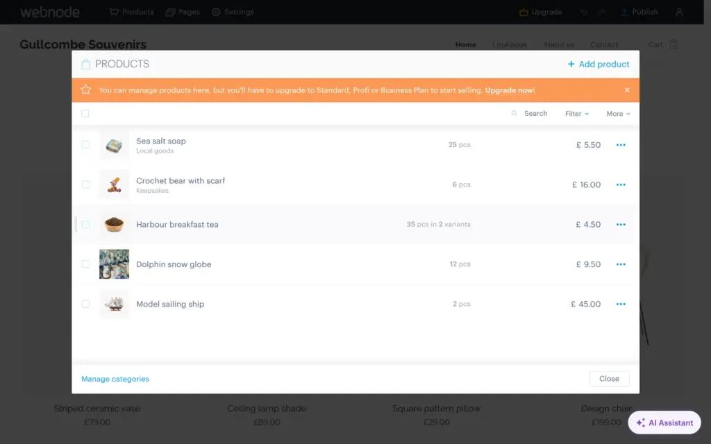 The five souvenir products in Webnode's Products window