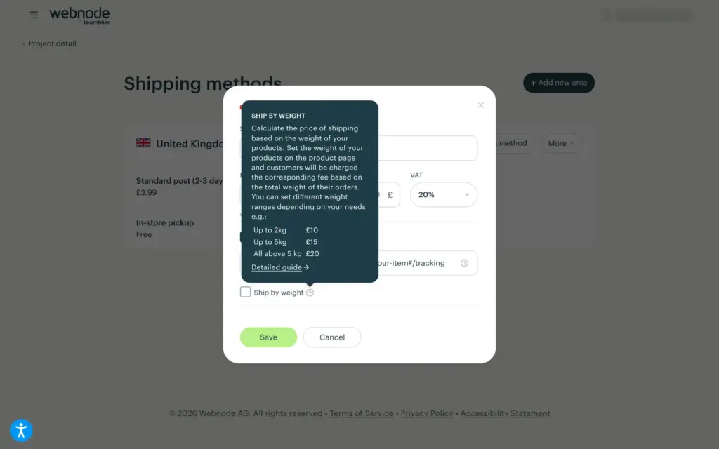 Webnode's form for a Royal Mail shipping method