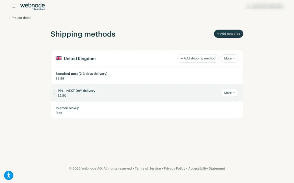 Shipping methods that came with the Webnode template