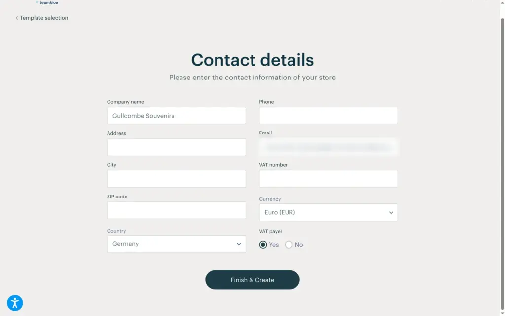 Webnode's form for the shop's address and currency