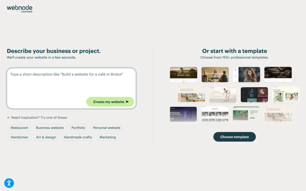 Webnode's box for describing a business before building a website