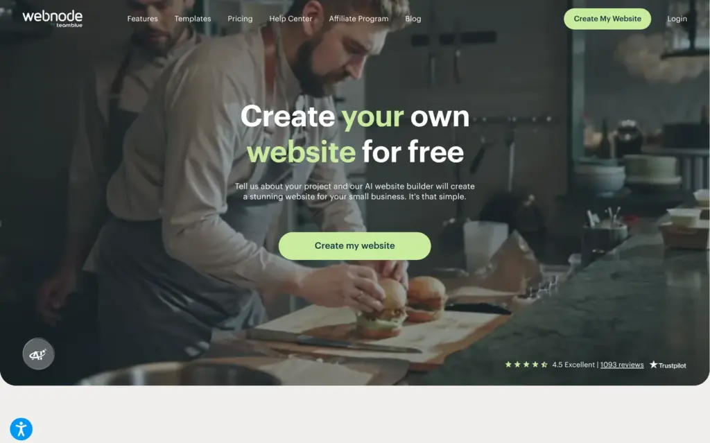Webnode's home page with its offer of a free AI website builder